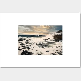 Crashing waves sunset beach Posters and Art